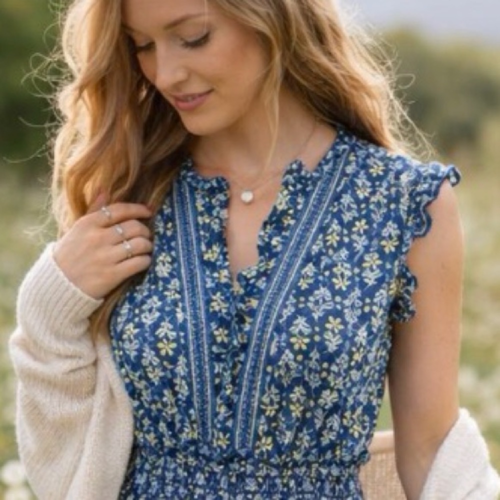 Max Studio XS Blue Floral Ruffle Boho Mini Dress Smocked Waist NWT
